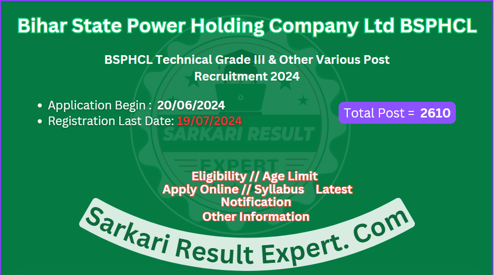 Bihar BSPHCL Technical Grade III & Other Various Post Recruitment 2024